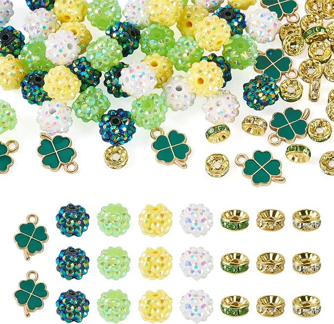 Cheriswelry St.Patrick's Day Jewelry Making Kit Green Clover Four Leaf Pendants Clay Disco Ball Beads Flat Round Rhinestone Spacer Bead for DIY Bracelet Necklace Earring Crafts 137Pcs/Set