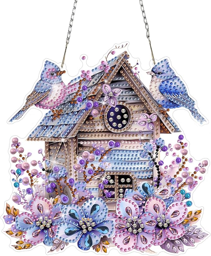 DOMROM Bird House Diamond Art Hanging Kits for Adults Beginner, Special Shaped Crystal Diamond Painting Bird Pendant, DIY Diamond Art Suncatchers Animal for Home Garden Wall Decor Gift