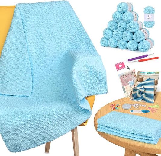 Aeelike Blanket Crochet Kit for Beginners, Easy Crochet Blanket Kit with Soft Chenille Yarns Detailed Instruction Crocheting Accessories Complete Beginners Crocheting Kits, Sea Blue