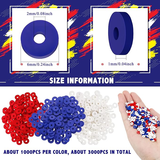 Batiyeer 3000 Pcs Red White and Blue Clay Beads Bracelet Making Kit 6 mm Patriotic 4th of July Spacer Beads Heishi Polymer Clay Bead for Necklace Earring Bracelet Making