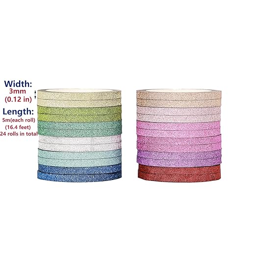 YUKUNTANG Glitter Washi Tape Set, 24 Rolls, 3mm x 132 Yards, Metallic Foil Sparkle Decorative Craft Tape for DIY Art, Scrapbooking, Journaling, Gift Wrapping