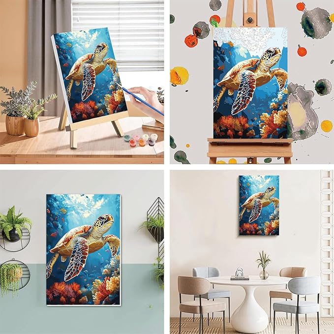 xackcme Turtle Paint by Numbers for Adults with Framed Canvas - with Wooden Easel, Sea Turtle Paint by Number on Canvas, DIY Acrylic Oil Painting Kits with Brushes for Home Wall Decor (8x12 inch)