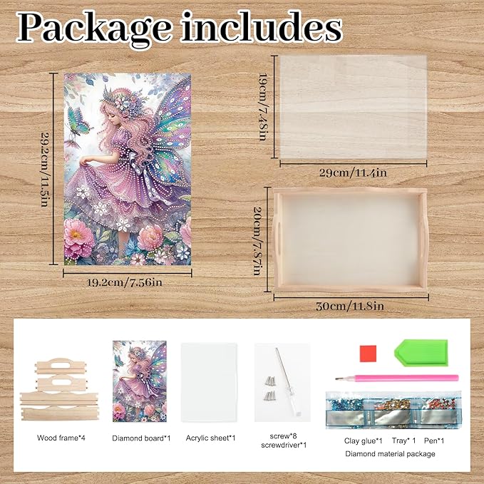 DIY Diamond Art Tray with Handle Diamond Art Painting Plate Creative Design Handmade Wooden Tray Mosaic Making Kits by Number Kits Diamond Art for Coffee Living Room Home Organizer (Purple Elf)