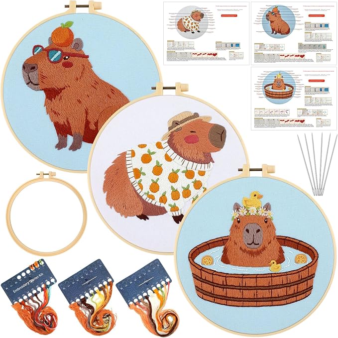 Mindsoft 3 Sets Capybara Embroidery Kit with Embroidery Hoop Easy Pattern Needlepoint Kit for Beginners and Adults Handcrafts Needlepoint Set with Needles Thread and Instruction