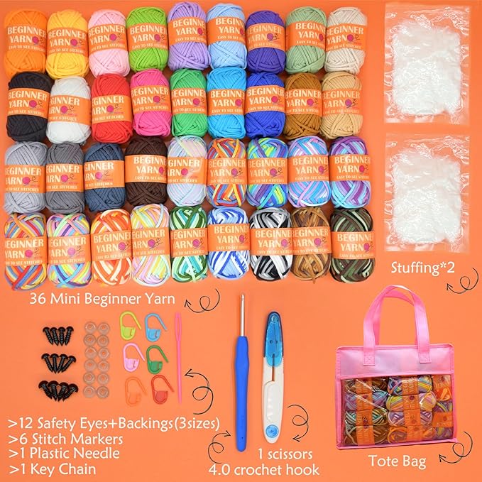 36 Pack Beginners Crochet Yarn Blue Pink Rainbow Cotton Crochet Yarn for Crocheting Knitting Beginners with Easy-to-See Stitches for Beginner Crochet Kit-36x25g（Storage Bag）