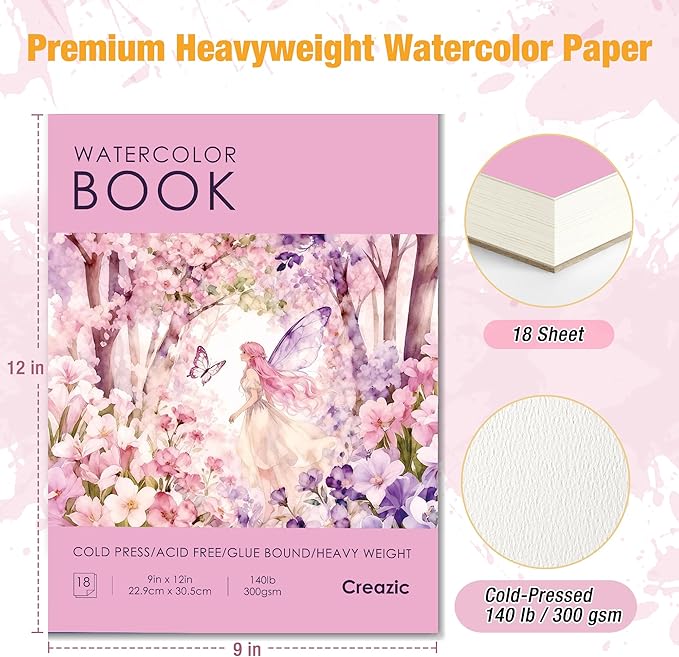 Creazic Watercolor Paper Book, 9"x12" Sketchbook, 18 Sheets 140lb/300gsm - No Bleed Art Paper for Watercolor, Acrylic Paint & Crayons - Gift Ideas for Adults & Students, Drawing Pad for Beginners