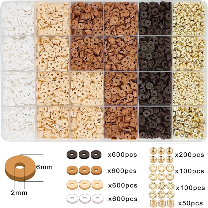 MIIIM Neutral Clay Beads Kit for Bracelets Making, Heishi Beads for Friendship Bracelet, Clay Charms and Gold Spacers for Jewelry Making, Crafts, Concert, Raves, Gifts (Golden Brown Cream)