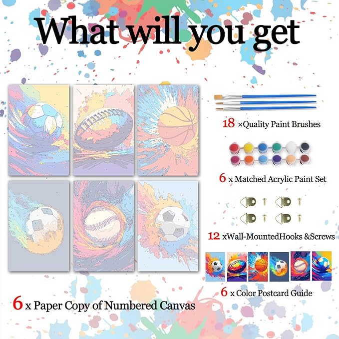 Basketball and Soccer 6 Pack Paint by Numbers for Adults Beginner Balls Oil Painting Kits on Canvas with Brushes and Acrylic Painting DIY Sports Lovers Crafts Home Wall Decor 8x11.8 Inch (Frameless)