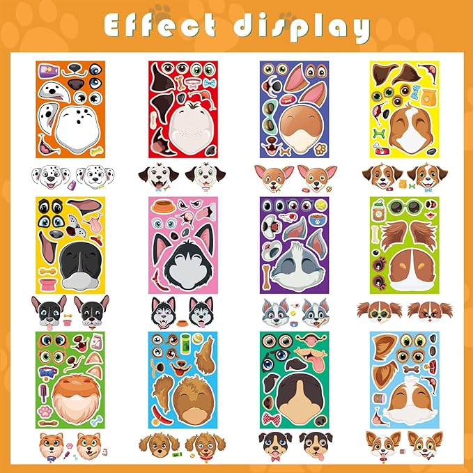 24 sheets dogs make a face stickers, make your own dog stickers for kids, animal sticker for birthday gift party favors supplies teacher art craft, games school activity reward