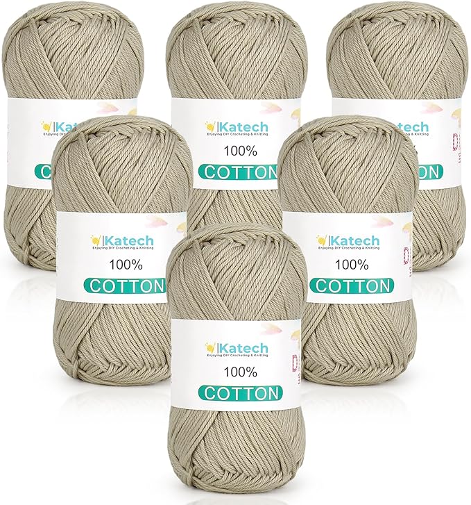 Katech Pure Cotton Yarn for Crocheting & Knitting–Soft Sport Weight CYC #2, 6 Skeins (50g Each, 300g Total), Ideal Crochet Yarn for Dishcloths, Baby Clothes, Socks, Lightweight Scarves（Khaki Green）