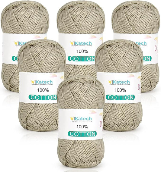 Katech Pure Cotton Yarn for Crocheting & Knitting–Soft Sport Weight CYC #2, 6 Skeins (50g Each, 300g Total), Ideal Crochet Yarn for Dishcloths, Baby Clothes, Socks, Lightweight Scarves（Khaki Green）