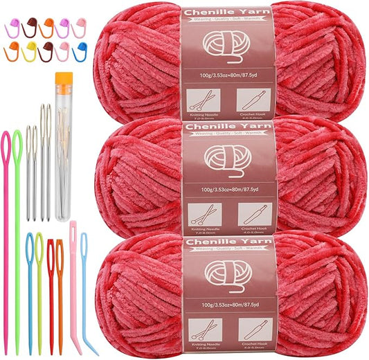 LUNARM 3 * 100g Chenille Yarn, Yarn for Crocheting Knitting with Big Eye Needles, Handcrafts Weaving Soft Chenille Yarn for Making Blankets, Clothes, Pattern Knitting Creations (Bright Red)