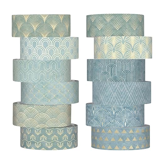 12 Rolls Watercolor Floral Washi Tape Set 15 mm Vintage Flower Decorative Masking Tape for Spring Arts DIY Craft Scrapbook Journal Supplies Gift Wrapping(Teal Color,Art Deco)