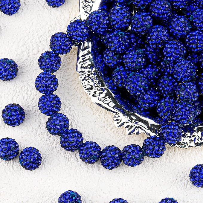 100Pcs 10mm Dark Blue Rhinestone Beads for Jewelry Making, Shiny Round Disco Ball Sparkly Crystal Clay Beads Bulk with 10-Grid Storage Box for DIY Baseball Necklaces Shamballa Bracelets