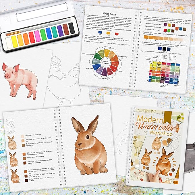 Watercolor Workbook, Watercolor Workbook Paint Book Beginner Friendly with 12 Patterns, Beginner-Friendly Watercolor Workbooks with 12 Paint Colors & Brush, Water Color Paint Set, Valentine's Day Gift