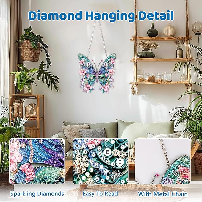 MEIYUDA Butterfly Diamond Painting Pendant Kits, DIY Butterfly and Flowers Diamond Art Window Hanging Ornament for Adults, 5D Special Shape Rhinestone Pendant for Home Decoration