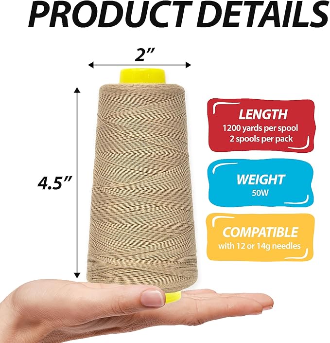 Mandala Crafts Beige Thread Cones for Machine and Hand Quilting - 2400 Yds 50 WT Multiple Purpose Mercerized 100% Cotton Threads for Sewing Machine Serger Embroidery