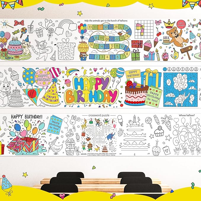 Janlaugh 3 Pack Happy Birthday Coloring Paper Roll for Kids 118 X11.8 Inch Drawing Paper Roll Giant Coloring Poster Jumbo Motivational Page Tablecloth for Adult Birthday Party Classroom Craft Team Art