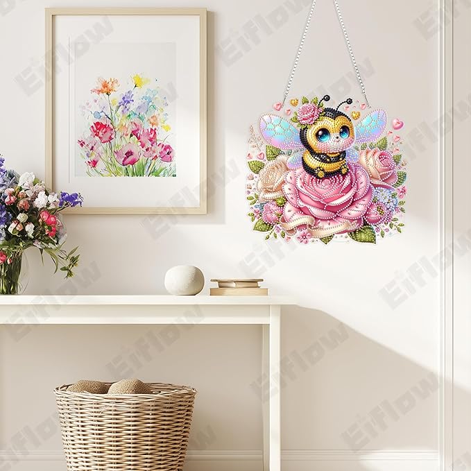 Eiflow Acrylic Diamond Art Hanging Kit for Adults, DIY Diamonds Painting Door Hanging Board Kit, Special Crystal Diamond Art Painting Pendant Ornament (Valentine Bee)