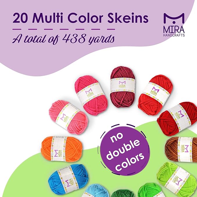20 acrylic yarn skeins - 438 yards multicolored yarn in total – great crochet and knitting starter kit for colorful craft – assorted colors