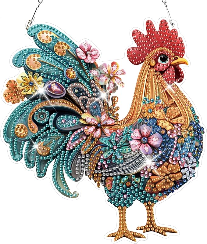 HEIBAGO Chicken Hanging Diamond Art Kits for Adults, Rooster Special Shaped Crystal Diamond Painting Ornament Kit, DIY Double-Sided Pattern Window Pendant Gem Art Kit for Home Wall Decor 8.3x8.3inch