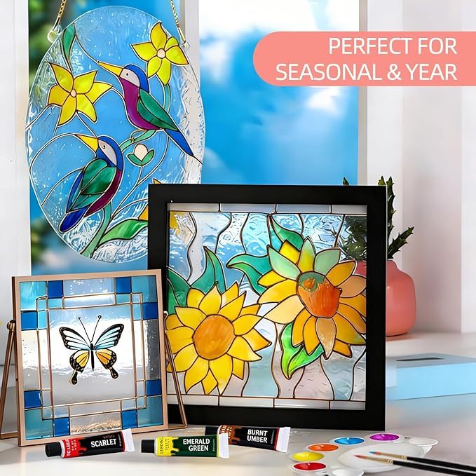 Colorful Acrylic Glass Paint Set with 6 Brushes, 1 Palette, 12 Colors Stain Glass Paints for Wine, Waterproof Acrylic Enamel Paint Kit to Create Translucent Arts on Porcelain, Window & Ceramic