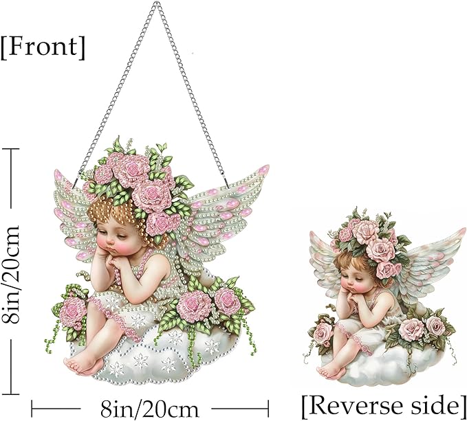 Kaliosy Sun Catcher Angel Window Hanging Ornament - Outdoor Porch Decor, Flowers Themed Diamond Art Ornament, Acrylic Board Diamond Painting for Wall Home Garden, Front Door Sign, Indoor Decor 8x8inch
