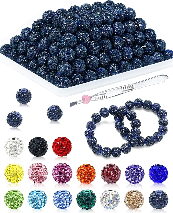 120PCS FIVEIZERO Rhinestone Beads for Jewelry Making, 10mm Blue Black Shiny Round Sparkle Crystal Clay Bead Bulk Sparkly Baseball Necklace Beads for Bracelets and DIY Crafts