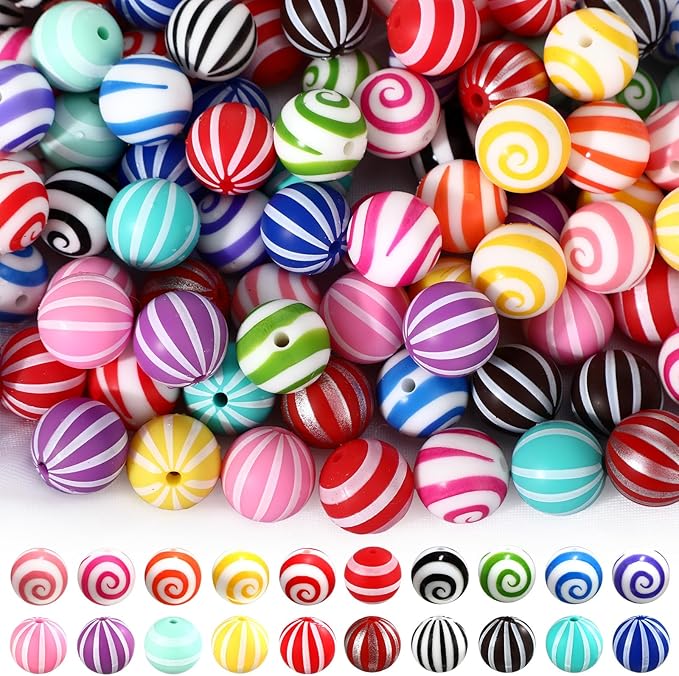 Ferreve 120 Pcs 15mm Silicone Beads Bulk Silicone Beads Print Rubber DIY Bracelet Making Kit for Keychain Making Pens Necklace Jewelry (Striped)