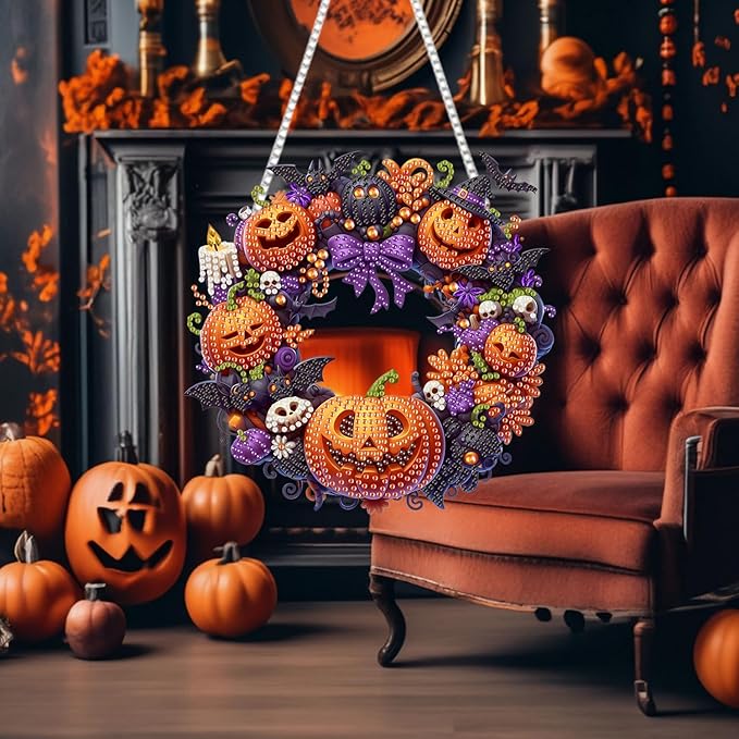 RYMILIE Diamond Art Hanging Kit for Adult,Special Shaped Rhinestone,Double Sided 5D DIY Acrylic Diamond Art Painting Window Pendants Home Garden Wall Hanging Kits Hanging Ornament (Halloween Pumpkin)