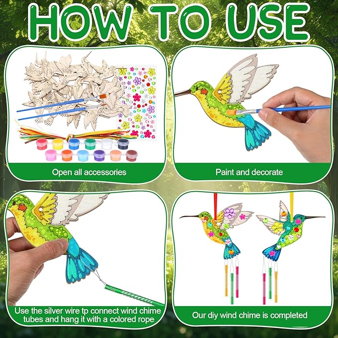 JellyArch 30 Pack Spring Hummingbird Wind Chime Craft Kit for Adults Groups, Summer DIY Wooden Art Make Your Own Hummingbird Painting Ornaments for Birthday Activities Decoration