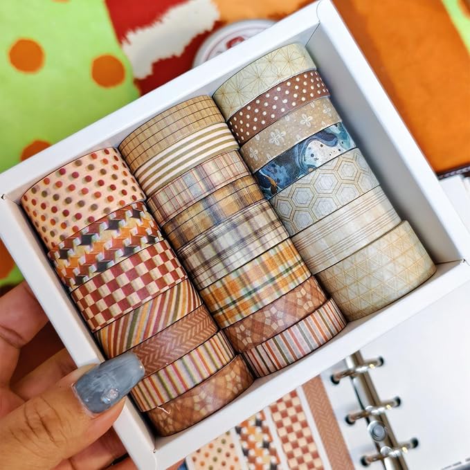21 Rolls Vintage Brown Washi Tape Set - Checkered/Striped/Polka Dot Decorative Tape for Scrapbooking, Journaling, Junk Journal, Craft Supplies, Retro Aesthetic Gift for Handmade Lovers