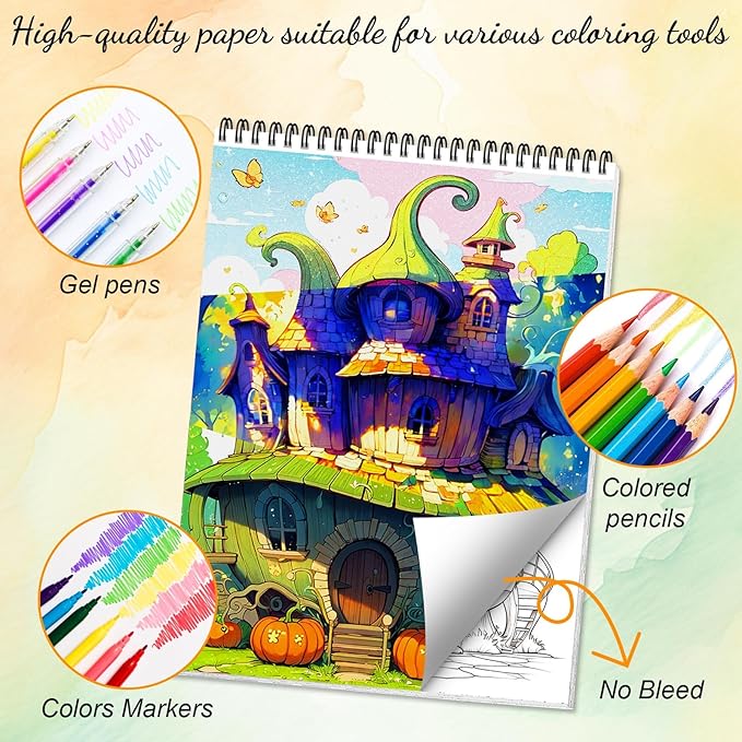 Coloring Books for Adults Relaxation Coloring Book for Women Spiral Bound Printed On One Side Thick Paper Mindfulness Halloween Gifts, Mindfulness Coloring Book 24 Coloring Pages