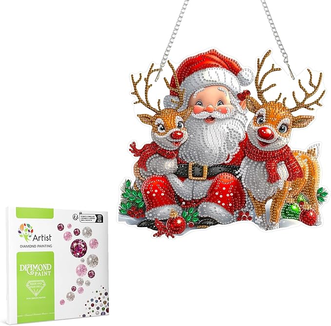 MAXBYE Christmas Diamond Art Kit for Adults, Santa Claus Acrylic Diamonds Painting Hanging Pendant Kit, 5D DIY Elk Gem Art Kit for Home Wall Decor