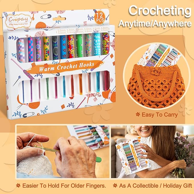 Coopay Warm Crochet Hooks Plus for Crochet Gifts, 12PCS 2mm-8mm(B-L) Crochet Kit Crochet Hook Set Ergonomic Grip Crochet Needles for Crocheting Art Yarn Craft,Precious Knitting & Crochet Supplies