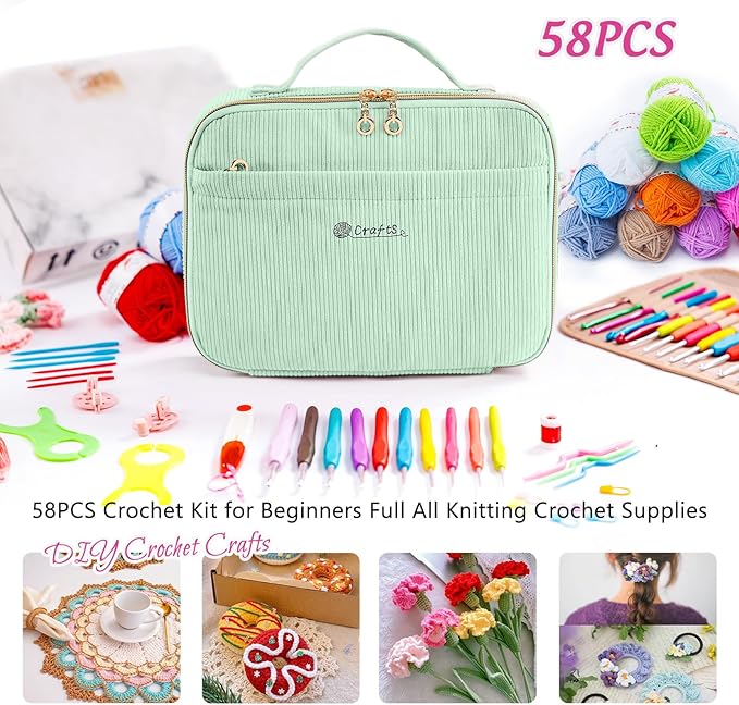 MYBAGZING Crochet Kit for Beginners with Yarn Storage Bag, 10pcs Crochet Hooks 2.0-6.0 mm, 10 Skeins Yarn for Crocheting, Knitting Accessories, 58pc Crochet Starter Kit for Adults