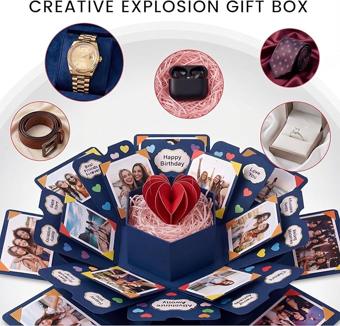 Koogel Explosion Gift Box, Blue Exploding Photo Album Surprise Love Box with DIY Scrapbooking Accessories for Anniversary Birthday Wedding