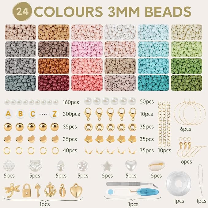 TEXGIZRLY 3mm Seed Beads for Bracelets Making, Friendship Bracelet Making Kit for Girls, 24 Colors Bead Bracelet Kit, Beads for Jewelry Making Kit, DIY, Arts, Crafts Gifts Age 4+ (3MM-B)