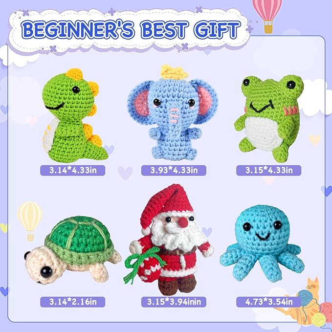 Wunila 6Pcs Crochet Kit for Beginners, Crochet Animal Kits for Adults with Step by Step Videos Tutorials, Knitting Kit for Crochet Lovers Great Birthday Holiday Gift, DIY Handmade Gifts