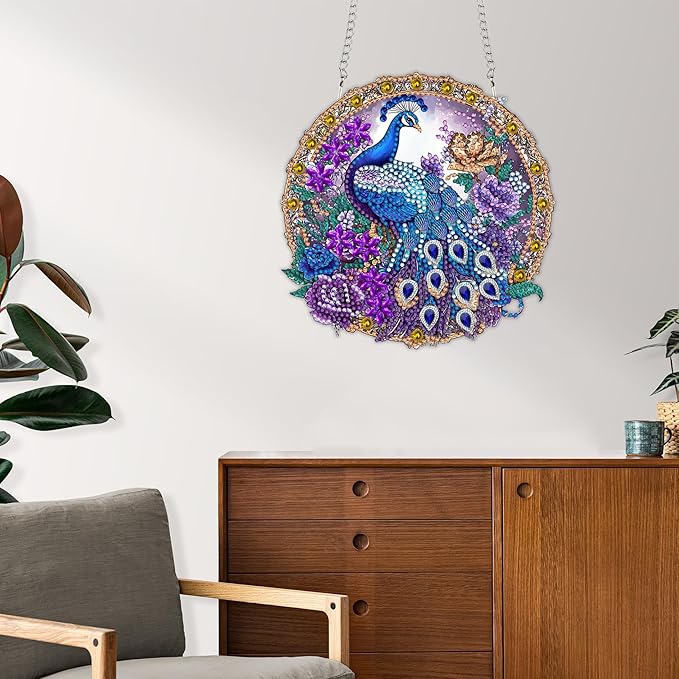 Reofrey Hanging Diamond Art Kits for Adults - 8x8 Inch Peacock Animal Acrylic Board Double Sided Pattern Diamond Painting Suncatcher Pendant, Crystal Art for Home Wall Window Decoration Handmade Gift