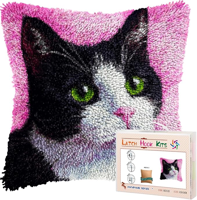DIY Latch Hook Pillow Kits Black and White Cat with Green Eyes Printed Pillowcase Crochet Yarns Hooking Handmade Pillow Cover Cushion for Home Sofa Decoration 17x17inch-1