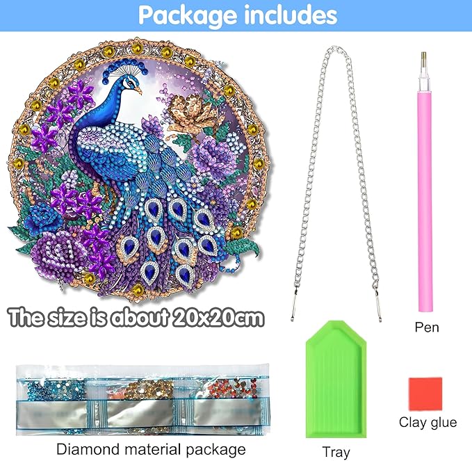 Reofrey Hanging Diamond Art Kits for Adults - 8x8 Inch Peacock Animal Acrylic Board Double Sided Pattern Diamond Painting Suncatcher Pendant, Crystal Art for Home Wall Window Decoration Handmade Gift