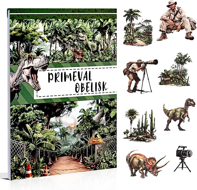 A5 Diecut Journal Sticker Book for Adults Journaling, 20 Sheets Dinosaur Theme with Assorted Materials- PET, Washi, Paper, Scrapbook Stickers for Scrapbooking, Junk Journals Supplies, Collage