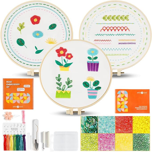 HTVRONT Sparkling Bead Embroidery Kit for Beginners- 3 Sets Complete Embroidery Kits with Step by Step Stitch Video & Instruction, Starter Embroidery Kit with 11 Stitches for Christmas Gifts for Woman