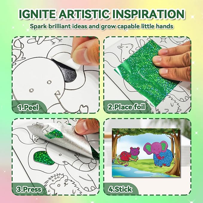atfunshop magical foil art animals in forest farm sea & birds - no mess foil craft kit for kids ages 4 5 6 7 8 9 fun creative diy activity, ideal birthday gift for girls boys