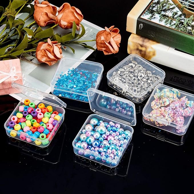 SATINIOR 12 Pack Clear Plastic Beads Storage Containers Box with Hinged Lid for Beads and More (2.52 x 2.52 x 0.79 Inch)