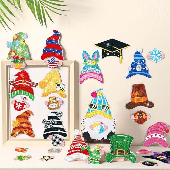 Juexica 32 Pcs Christmas Magnetic Diamond Painting Gnome Sign Art Decor Interchangeable Standing Posture DIY Seasonal Holiday Gifts Tiered Tray with Magnet Pieces for Home Office Desk(Classic)
