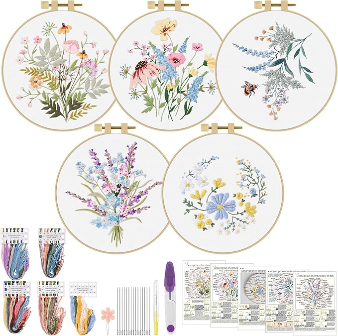 ERKOON Embroidery Kit for Beginners, 5 Sets Flower Cross Stitch Set for Adults Include Embroidery Cloth Hoops Threads for Craft Lover Hand Stitch with Skill Techniques (Flower)