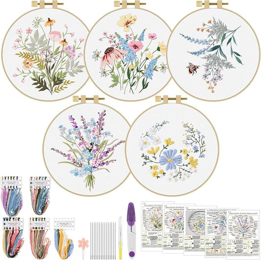 ERKOON Embroidery Kit for Beginners, 5 Sets Flower Cross Stitch Set for Adults Include Embroidery Cloth Hoops Threads for Craft Lover Hand Stitch with Skill Techniques (Flower)
