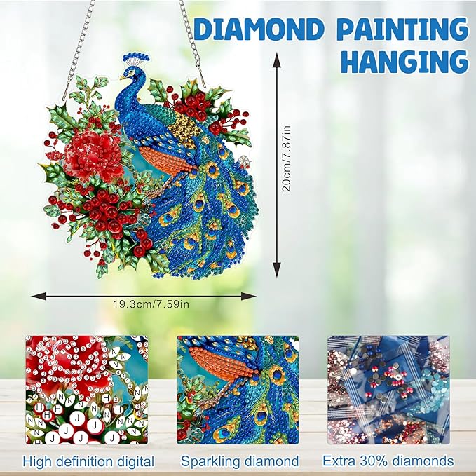 MAXBYE Diamond Art Painting Kits Hanging Peacock Pendant, DIY 5D Special Shaped Animal Gem Art Craft Diamond Dots for Adults and Home Window Door Decor